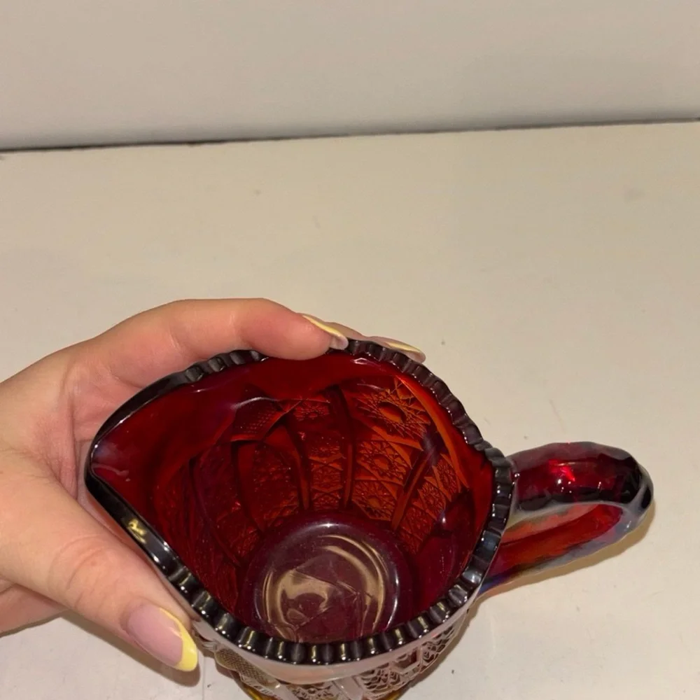 Vtg Indiana Glass Creamer Heirloom Sunset Ruby Iridescent Carnival Glass_7